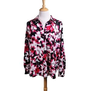 Rafaella Ladies Woven Pink Top Blouse Long Sleeve Fresh Bouquet Floral Size XXL